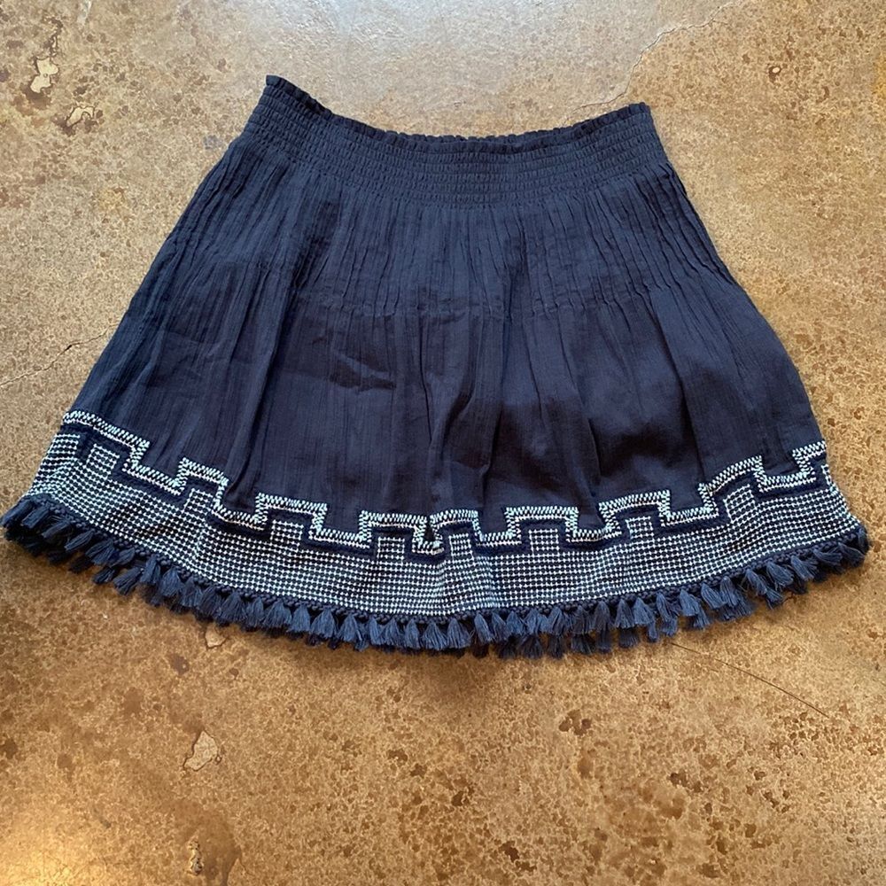 J. Crew Navy pintuck smocked waist embroidered tassel bohemian skater mini skirt